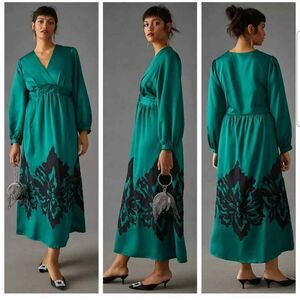 Anthropologie Nikasha green satin maxi/midi dress with black embroidery